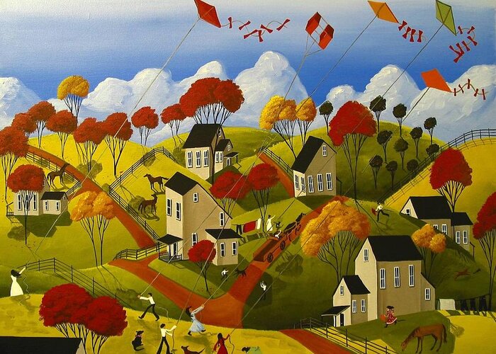 Folk Art Greeting Card featuring the painting Kite Flying Frenzy by Debbie Criswell
