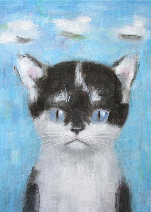 Kitten With Three Clouds Greeting Card featuring the painting Kitten with Three Clouds by Kazumi Whitemoon