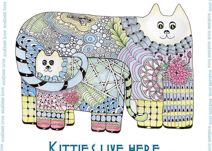 Kitties Cat Zentangle Doodles Greeting Card featuring the tapestry - textile Kitties Live Here by Ruth Dailey