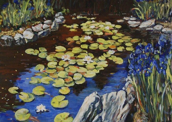 Ingrid Dohm Greeting Card featuring the painting Klehm Arboretum Lily Pond by Ingrid Dohm