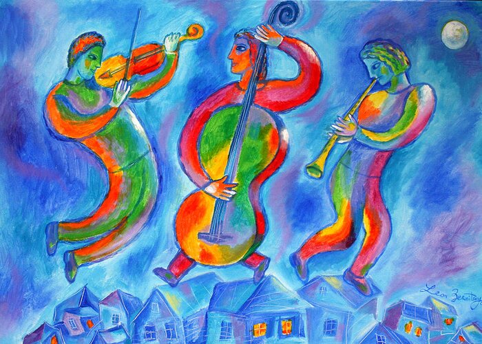  Greeting Card featuring the painting Klezmer On The Roof by Leon Zernitsky
