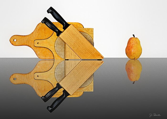 Kitchen Greeting Card featuring the photograph Knife Block, Cutting Boards and Pear by Joe Bonita
