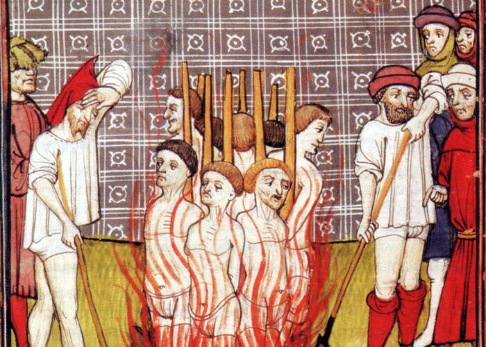 History Greeting Card featuring the photograph Knights Templar Burned At Stake, 1307 by Science Source