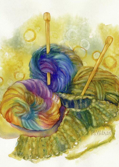 Knitting Greeting Card featuring the painting Knitting by Peggy Wilson