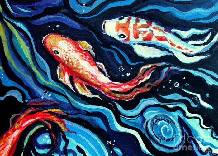 Koi Fish Greeting Card featuring the painting Koi Fish In Ribbons of Water II by Elizabeth Robinette Tyndall