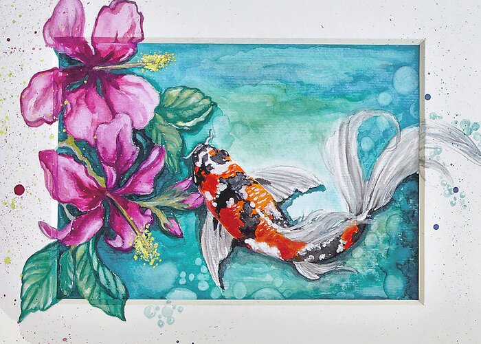 Koi Fish Greeting Card featuring the painting Koi In The Tropics up close by Vivian Casey Fine Art