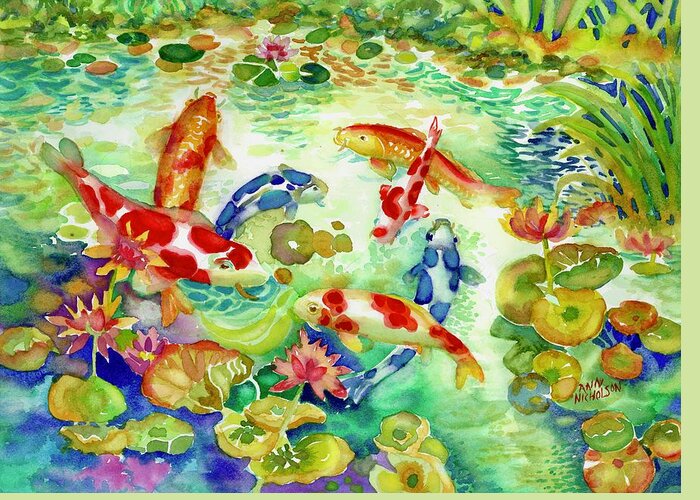 Ann Nicholson Greeting Card featuring the painting Koi Pond I by Ann Nicholson