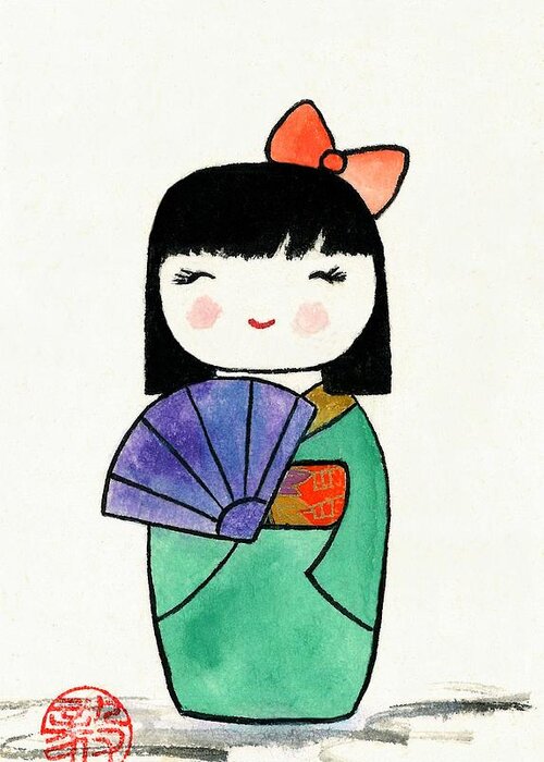 Japanese Greeting Card featuring the painting Kokeshi Doll by Terri Harris