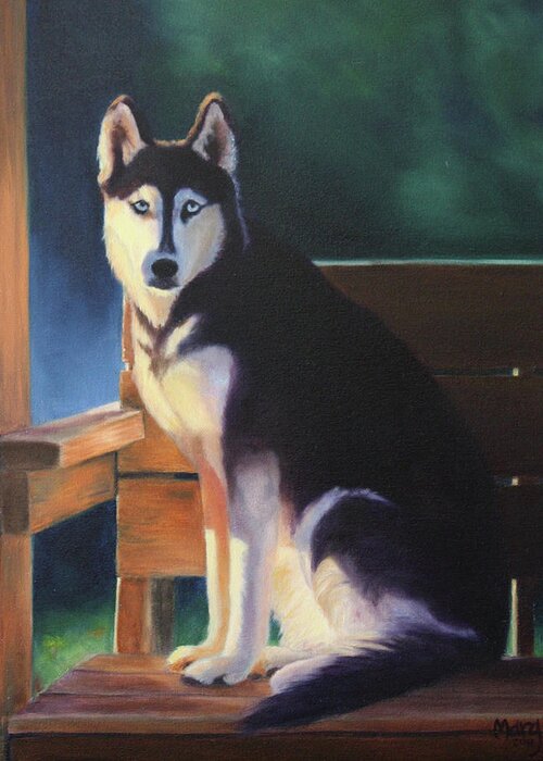 Siberian Husky; Morning Sunlight; Wooden Deck Greeting Card featuring the painting Kona Marie by Marg Wolf
