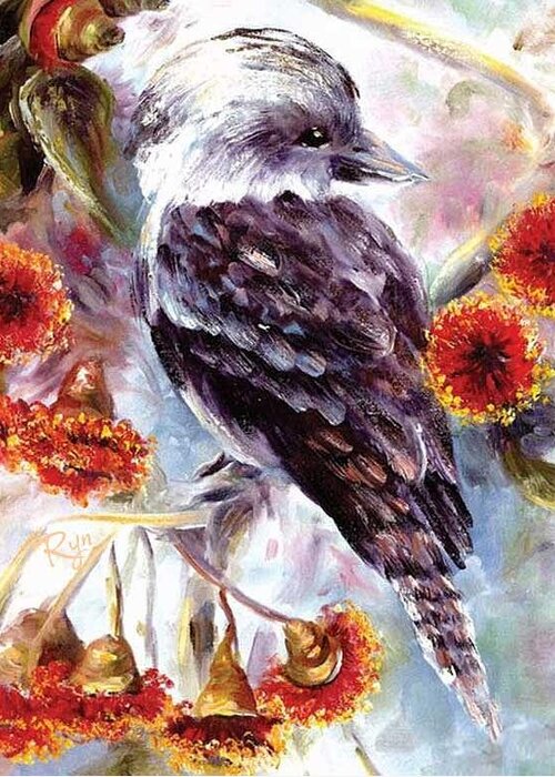 Kookaburra Greeting Card featuring the painting Kookaburra in red flowering gum by Ryn Shell