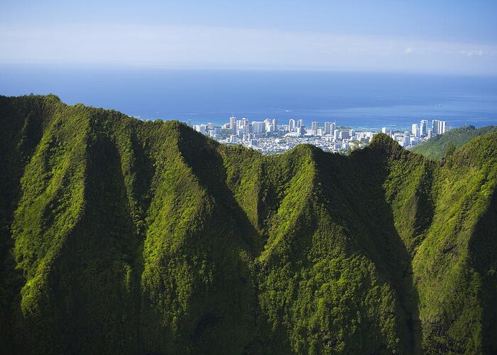 Aerial Greeting Card featuring the photograph Koolau Mountains and Honolulu by Dana Edmunds - Printscapes