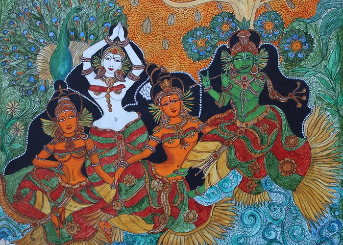 Krishna Greeting Card featuring the painting Krishna And Gopika by Saranya Haridasan