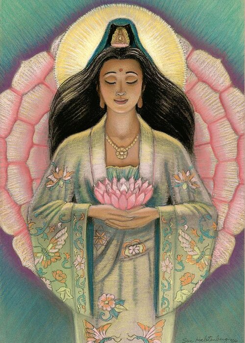 Kuan Yin Greeting Card featuring the painting Kuan Yin Pink Lotus Heart by Sue Halstenberg