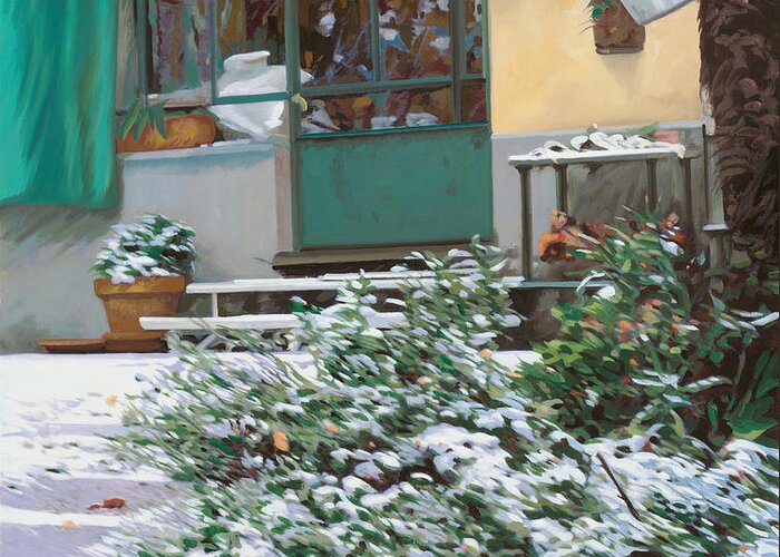 Snow Greeting Card featuring the painting La Neve A Casa by Guido Borelli