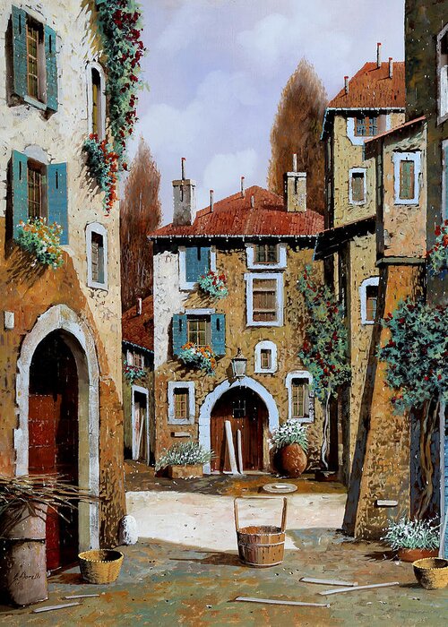 Square Greeting Card featuring the painting La Piazzetta by Guido Borelli