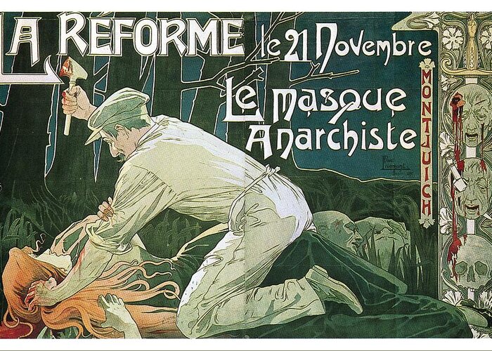 La Reforme Greeting Card featuring the mixed media La Reforme - Le Masque Anarchiste - Vintage Advertising Poster by Studio Grafiikka