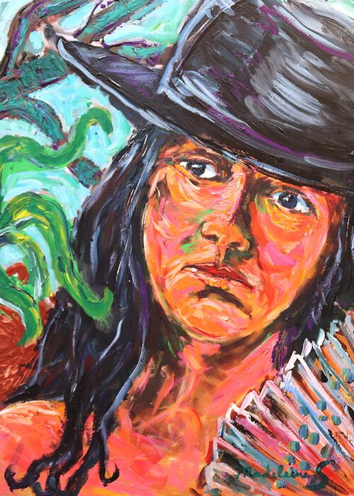 Portrait Greeting Card featuring the painting Lady in black hat by Madeleine Shulman