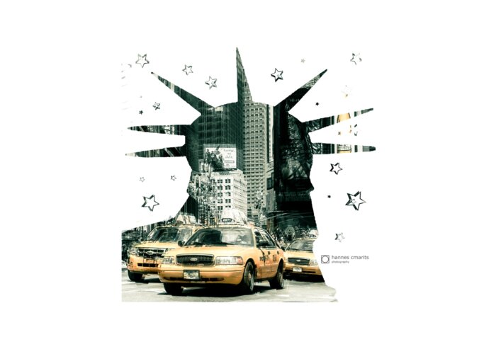 Graphical Greeting Card featuring the photograph Lady Liberty And The Yellow Cabs by Hannes Cmarits