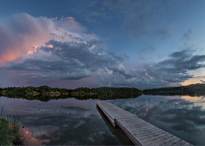 Sunset Reflection Usa 500px Lightning Top Weather Thunderstorm Panoramic Thunder Dock Epic Best Rare Severe Cloud Formation Amazing Light 16-35mm F/2.8 L Ii Lake Alvin Lake Panorama Supercell South Dakota Canon Eos 6d Aaron Groen Its Amazing Out There Homegroen Photography Dangerous Storm Accuweather 18 Frame Panorama Greeting Card featuring the photograph Lake Alvin Supercell by Aaron J Groen