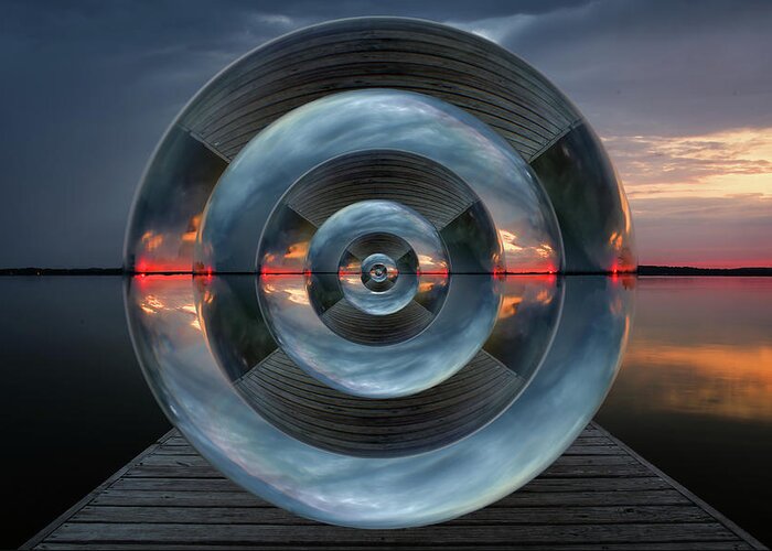 Lake Wisconsin Wi Dock Sunrise Sunset Abstract Shape Sphere Mirror Infinity Perspective Water Sky Greeting Card featuring the photograph Lake Kegonsa to Infinity by Peter Herman