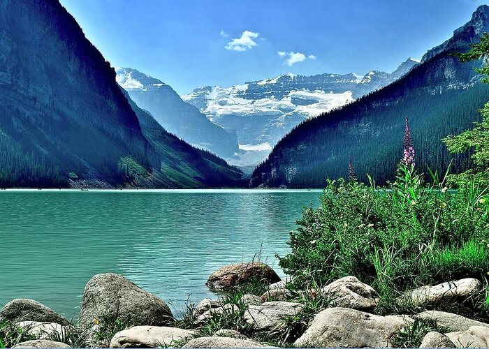 Lake Greeting Card featuring the photograph Lake Louise from the Shore by Frozen in Time Fine Art Photography