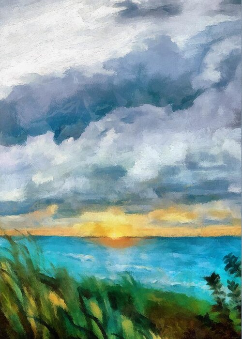 Golden Greeting Card featuring the painting Lake Michigan Sunset by Michelle Calkins
