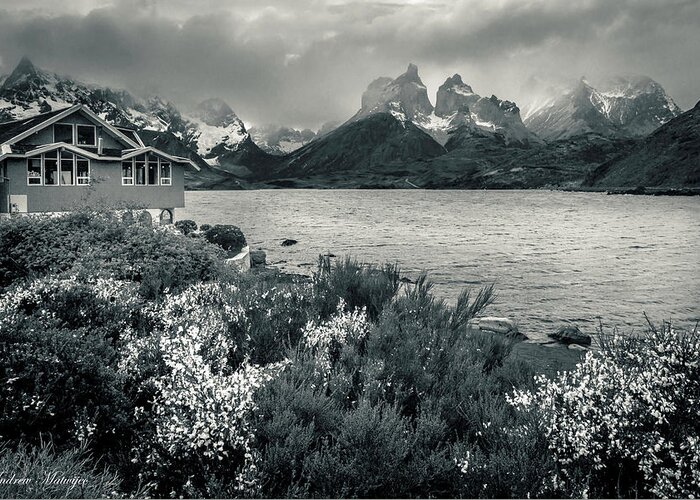 Lake Greeting Card featuring the photograph Lake Pehoe in Black and White by Andrew Matwijec