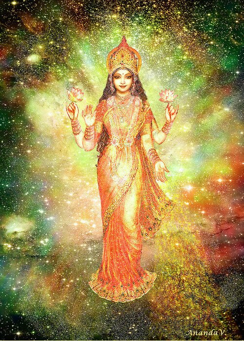 Goddess Painting Greeting Card featuring the mixed media Lakshmi in a Galaxy by Ananda Vdovic