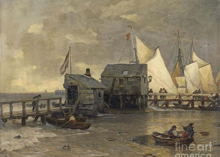 Andreas Achenbach Greeting Card featuring the painting Landing Stage With Sailing Ships by MotionAge Designs