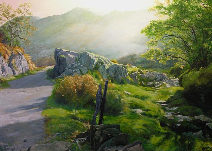 Landscape Greeting Card featuring the painting Landscape in Wales by Harry Robertson