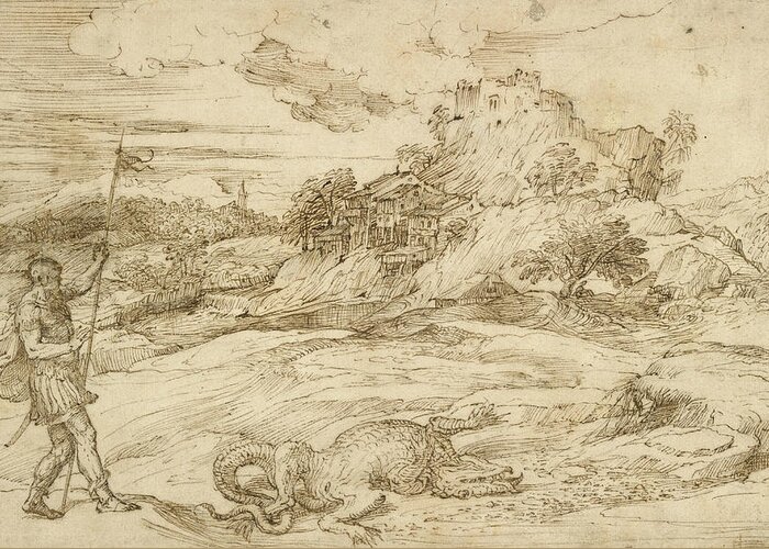 Titian Greeting Card featuring the drawing Landscape with St. Theodore Overcoming the Dragon by Titian