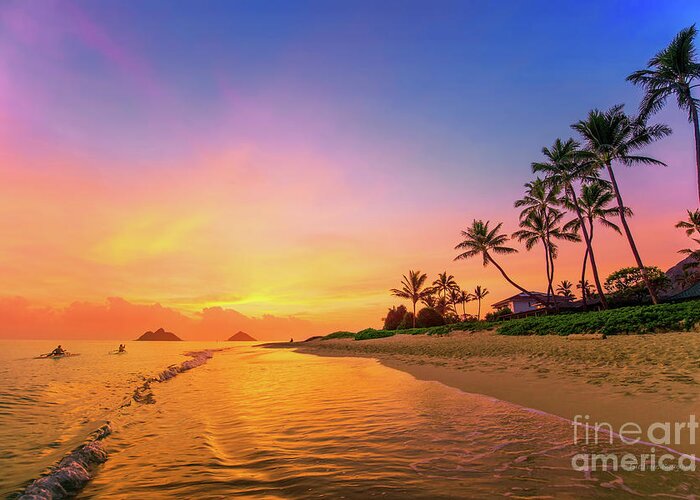 Lanikai Beach Greeting Card featuring the photograph Lanikai Beach Canoes at Sunrise by Aloha Art