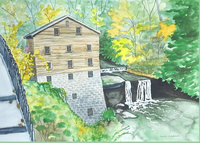 Mill Greeting Card featuring the painting Lanterman's Mill - Mill Creek Park by Laurie Anderson