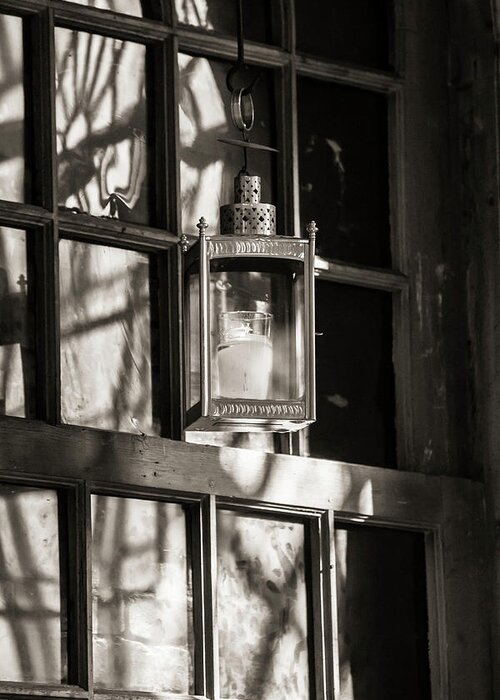 Lantern Greeting Card featuring the photograph Lantern in a window 2 by Jason Hughes