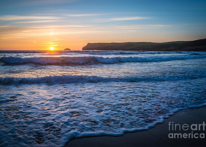 Sun Greeting Card featuring the photograph Lapping Waves At Sunset by Amanda Elwell
