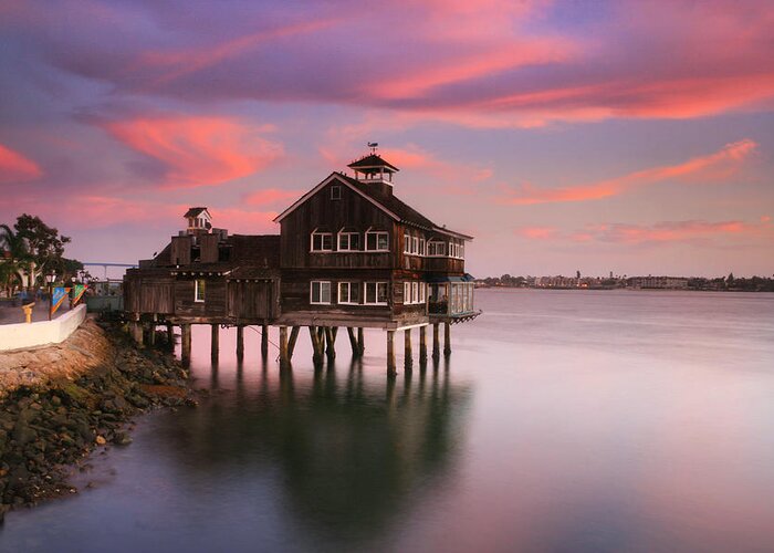 Landscape Greeting Card featuring the photograph Last Light Pier Cafe by Scott Cunningham