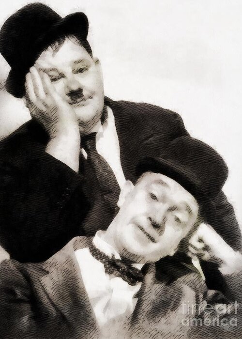 Hollywood Greeting Card featuring the painting Laurel and Hardy, Vintage Comedians by Esoterica Art Agency