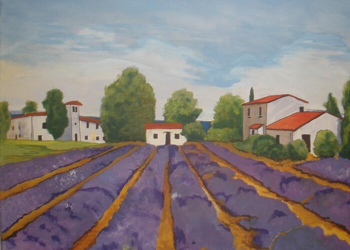 Lavender Greeting Card featuring the painting Lavender field by Betty-Anne McDonald