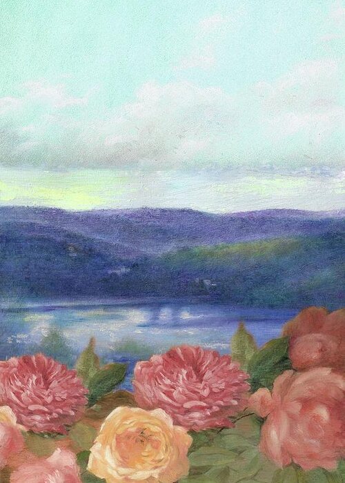 Tonal Landscape Greeting Card featuring the painting Lavender Morning with Roses by Judith Cheng