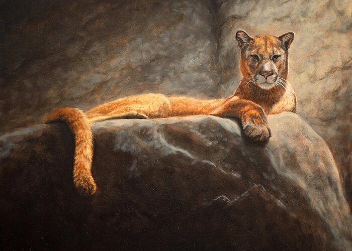 Cougar Greeting Card featuring the painting Laying Cougar by Linda Merchant
