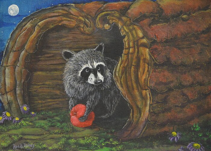 Raccoon Greeting Card featuring the painting Laying Low by Rod B Rainey