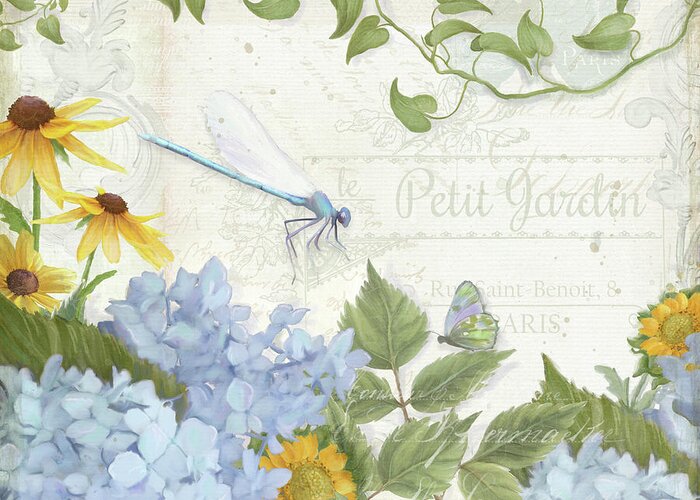 Le Petit Jardin Greeting Card featuring the painting Le Petit Jardin 2 - Garden Floral w Dragonfly, Butterfly, Daisies and Blue Hydrangeas by Audrey Jeanne Roberts