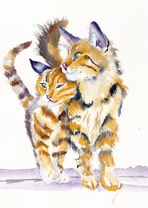 Cats Greeting Card featuring the painting Cats in Love - Lean on me by Debra Hall