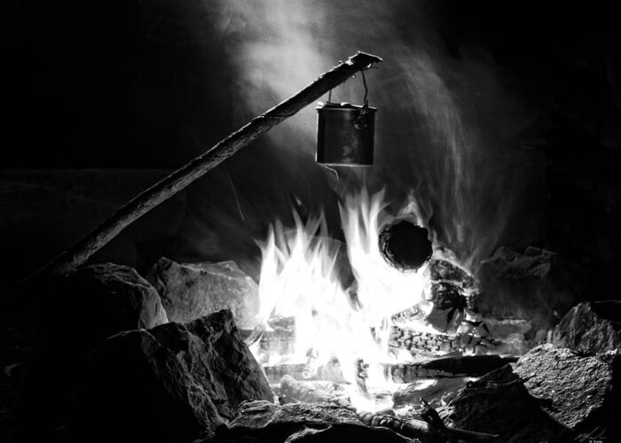 Camping Greeting Card featuring the photograph leaning billy can fire BnW by Michael Blaine