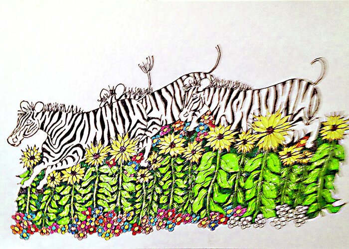 Drawing Greeting Card featuring the drawing Leaping Zebras by Gerry Delongchamp
