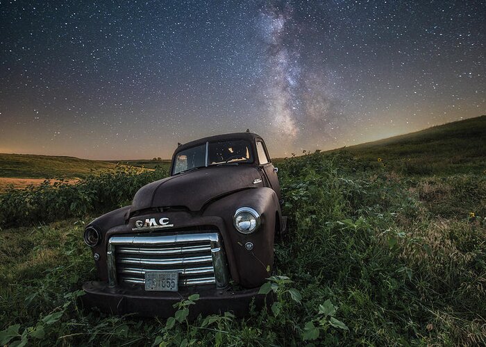 Usa Truck Top Pierre Abandoned Space Decay Rural Farm Forgotten Rust Astronomy Chrome Milky Way Greeting Card featuring the photograph Left to Rust by Aaron J Groen
