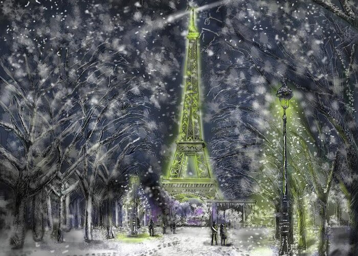 Eiffel Tower Landscape- Night Shot Greeting Card featuring the digital art L'Eiffel de Paris du Hiver by Rob Hartman