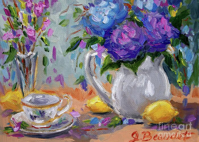 Lemons With Purple Hydrangeas Greeting Card featuring the painting Lemons and Purple by Jennifer Beaudet