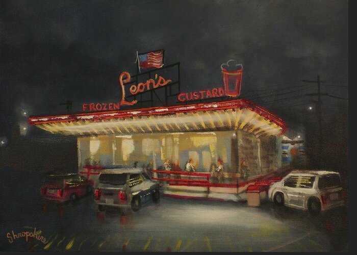 City At Night Greeting Card featuring the painting Leon's Frozen Custard by Tom Shropshire