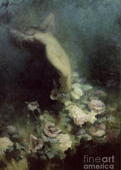 Flowers Of Sleep Greeting Card featuring the painting Les Fleurs du Sommeil by Achille Theodore Cesbron by Achille Theodore Cesbron